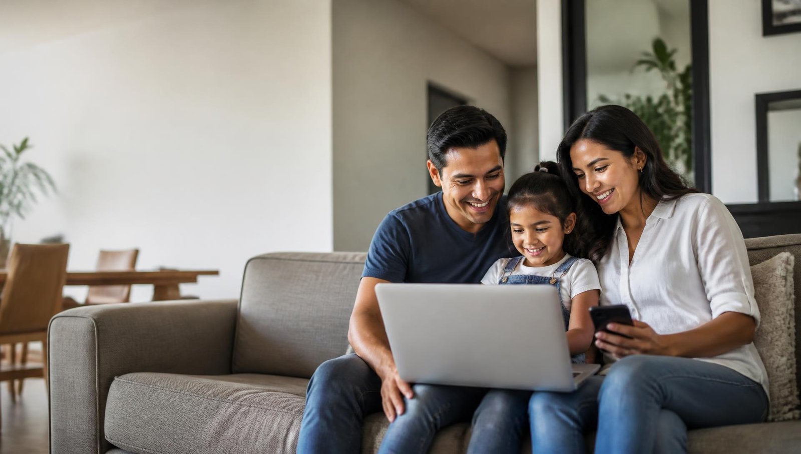 Familia navegando en internet en la sala de su casa